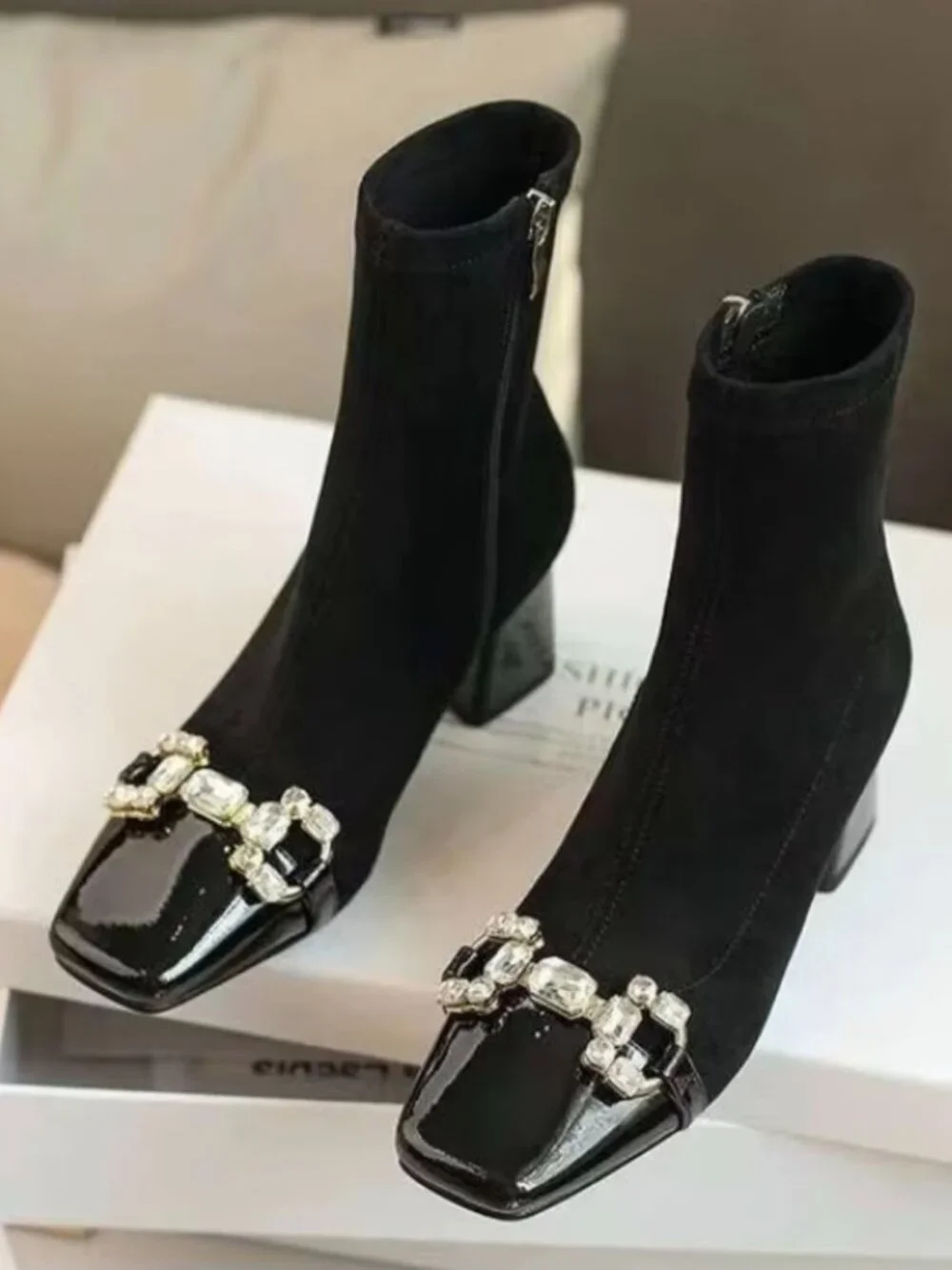 Women'S Black Square Toe Ankle Boots - Rhinestone And Pearl Buckle Detail